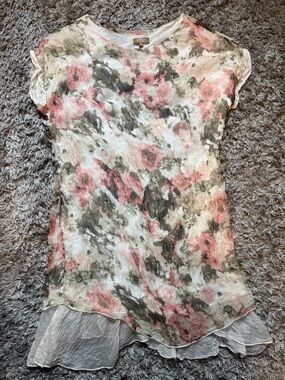 Carla Conti 100% Silk Floral Layered Short-Sleeve Dress/ Tunic in Pink and Olive